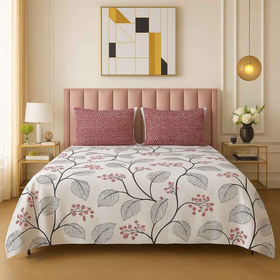 Elegant Weavers Riga Double Floral Bedsheet | With 2 Pillow Covers | Whiet & Pink | 98 x 87 in