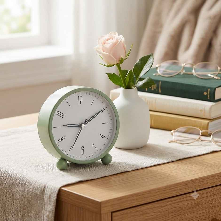 Perpetual Plastic Analog Alarm Clock | Super Silent Non Ticking Small Clock | Light Green - 4 in