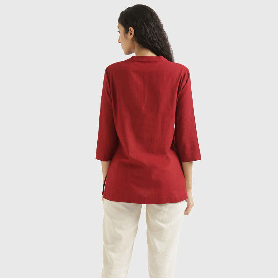 Saadaa Women's Short Airy Linen Kurta | Maroon - L