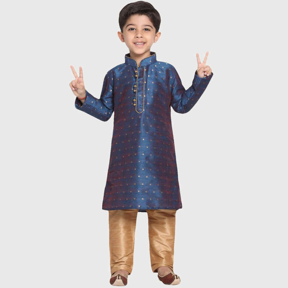 Vastramay Boy's Silk Blend Kurta Pyjama Set | Persian Blue & Rose Gold - 9 to 10 years