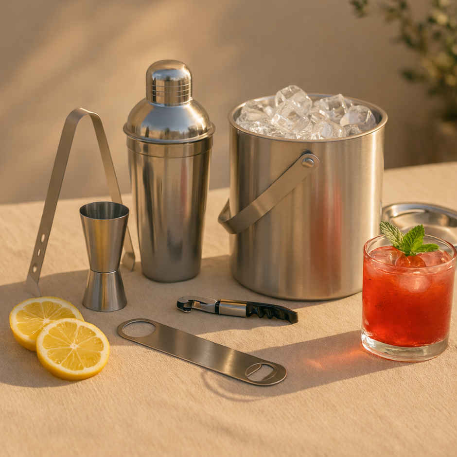 Picfest Complete Bar Set 6 Pc Shaker, Peg Measure, Wine Opener, Bottle Opener, Ice Tong, Ice Bucket