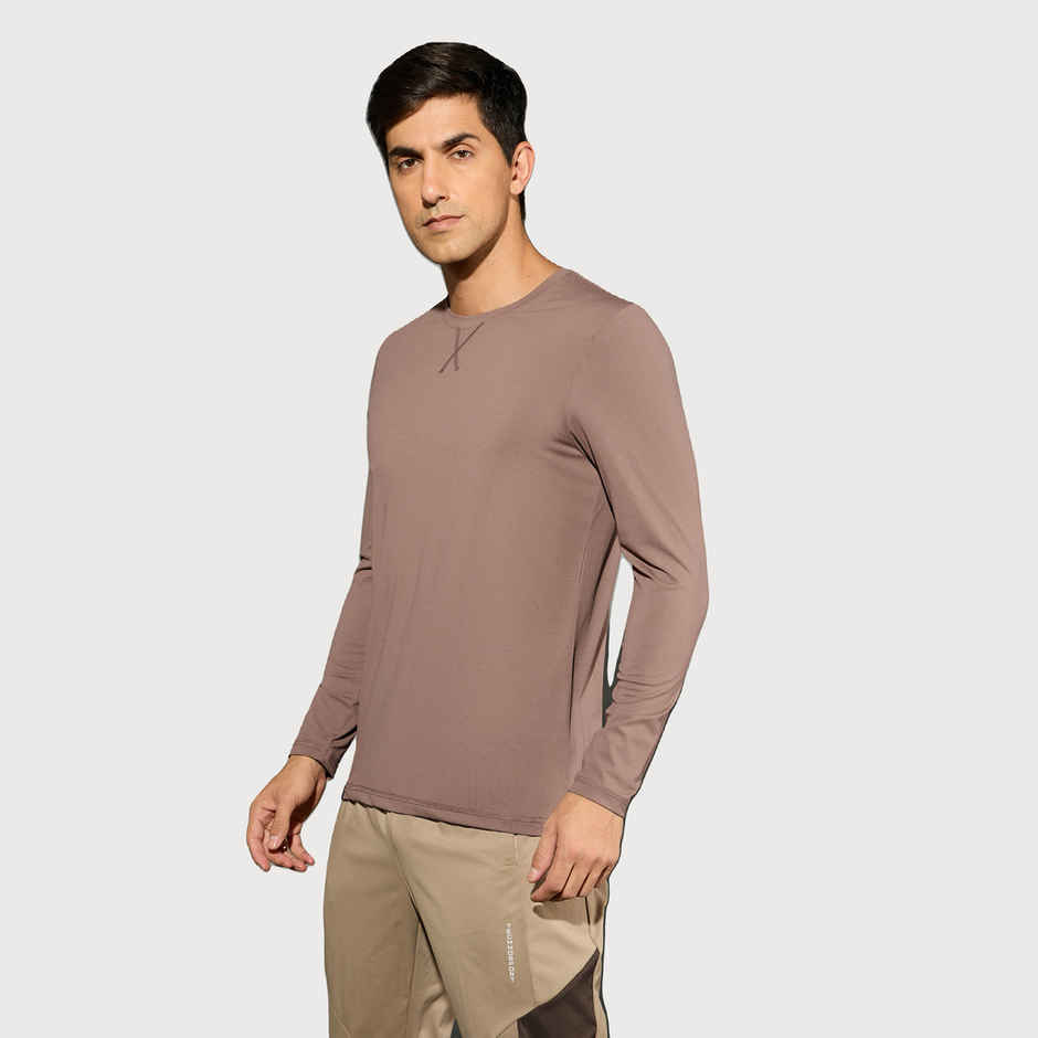 Technosport Men's Poly Solid Slim Fit Round Neck Full Sleeve Sports T-shirt | Deep Taupe - S