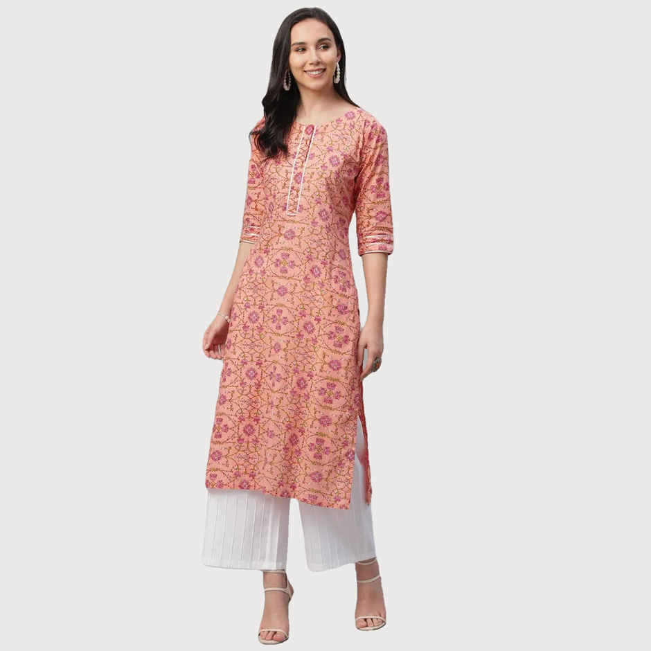 Libas Women Peach Cotton Straight Kurta - 9107FXL