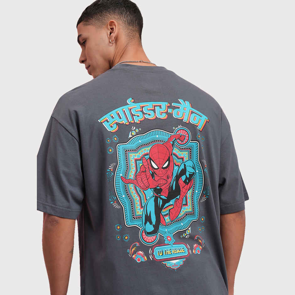 Highlander Men's Marvel Spider-Man Printed Oversized Round Neck Drop Shoulder T-shirt | Grey - M