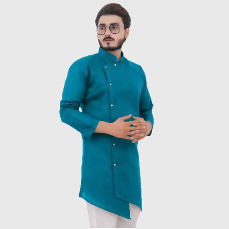 Tibra Collection Men Asymmetric Kurta - Ocean | Striped | Cotton Blend | M