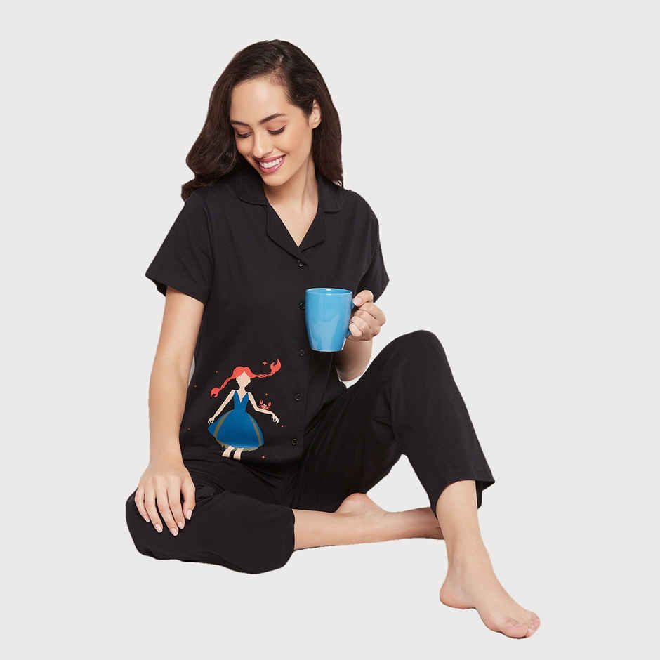 Clovia Cancer Print Button Down Shirt & Pyjama Set - 100% Cotton(Black - Xxl)
