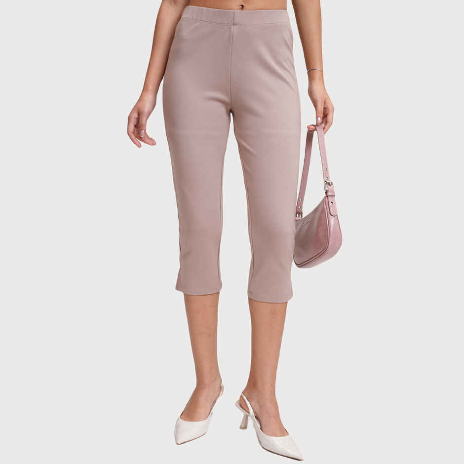 Tokyo Talkies Women's Taupe Solid Stretchy Capri Pants with Slits | Grey - 32