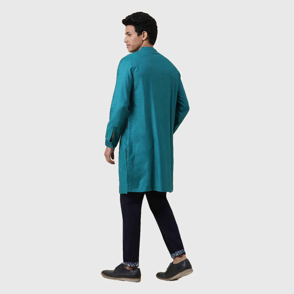 Fabindia Men's Long Kurta Slim Fit | Teal - M