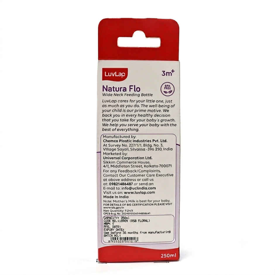 LuvLap Anti Colic Wide Neck Natura Flo Baby Feeding Bottle | Floral BPA Free | 250 ml