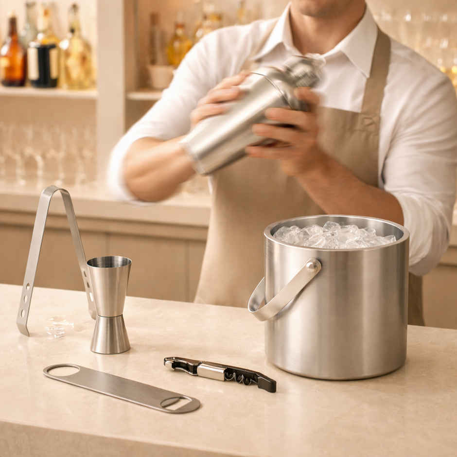 Picfest Complete Bar Set 6 Pc Shaker, Peg Measure, Wine Opener, Bottle Opener, Ice Tong, Ice Bucket