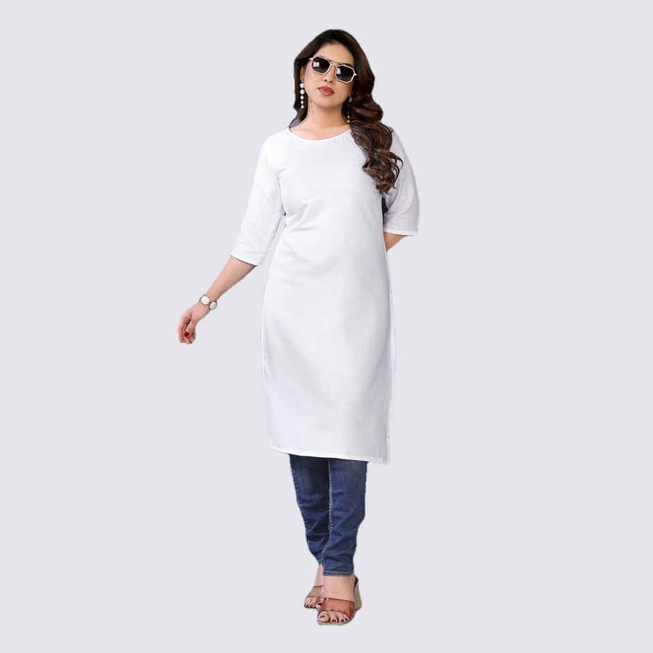 Riglozi White 3/4 Sleeves Cotton Made White Long Round Neck Regular wear Kurti for Women | L
