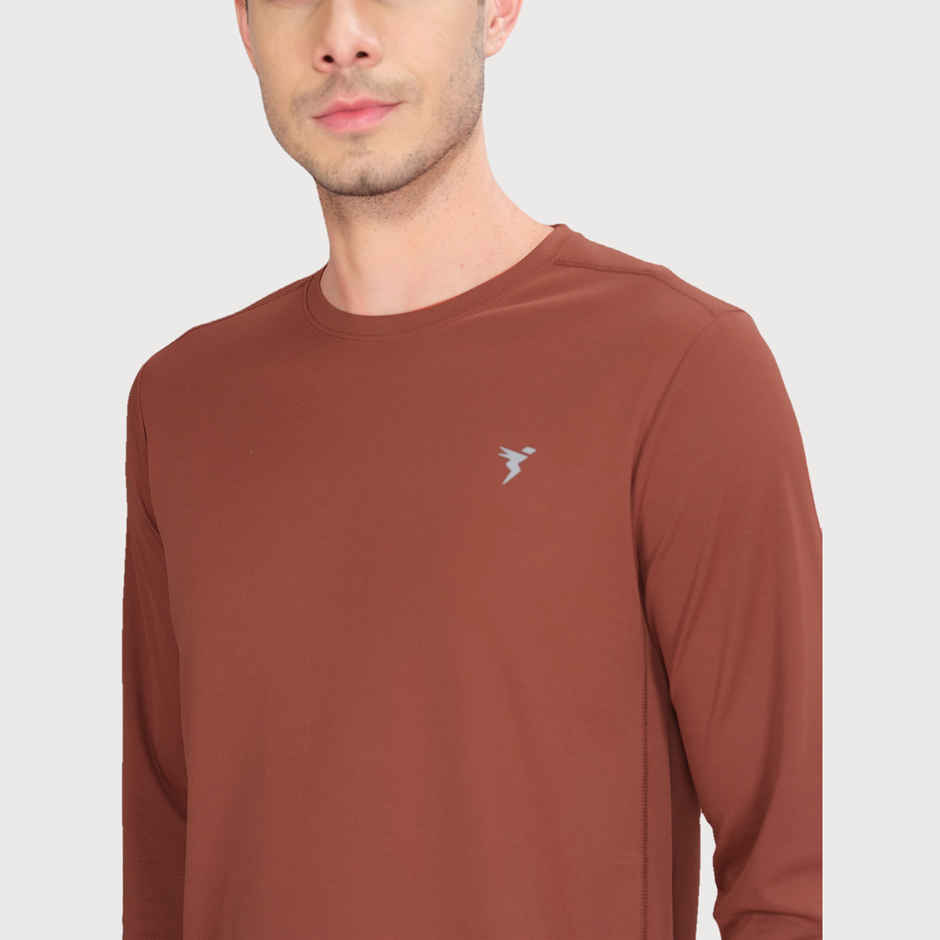 Technosport Men's Poly Solid Slim Fit Round Neck Full Sleeve Sports T-shirt | Rust - M