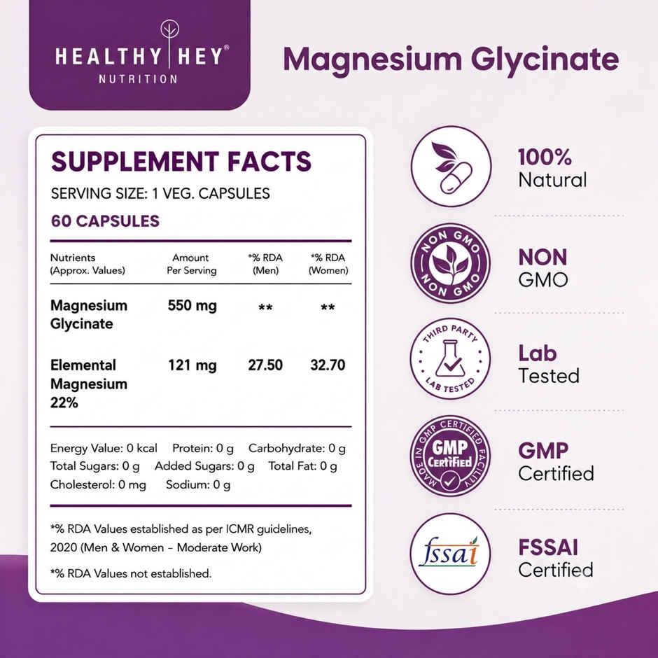 HealthyHey Nutrition Magnesium Glycinate | High Absorption | For Sleep, Cramps & Nerve Health | Veg