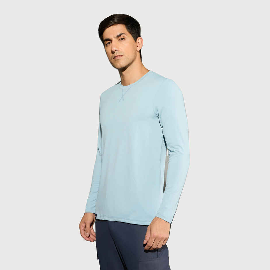 Technosport Men's Poly Solid Slim Fit Round Neck Full Sleeve Sports T-shirt | Smoke Blue - XL