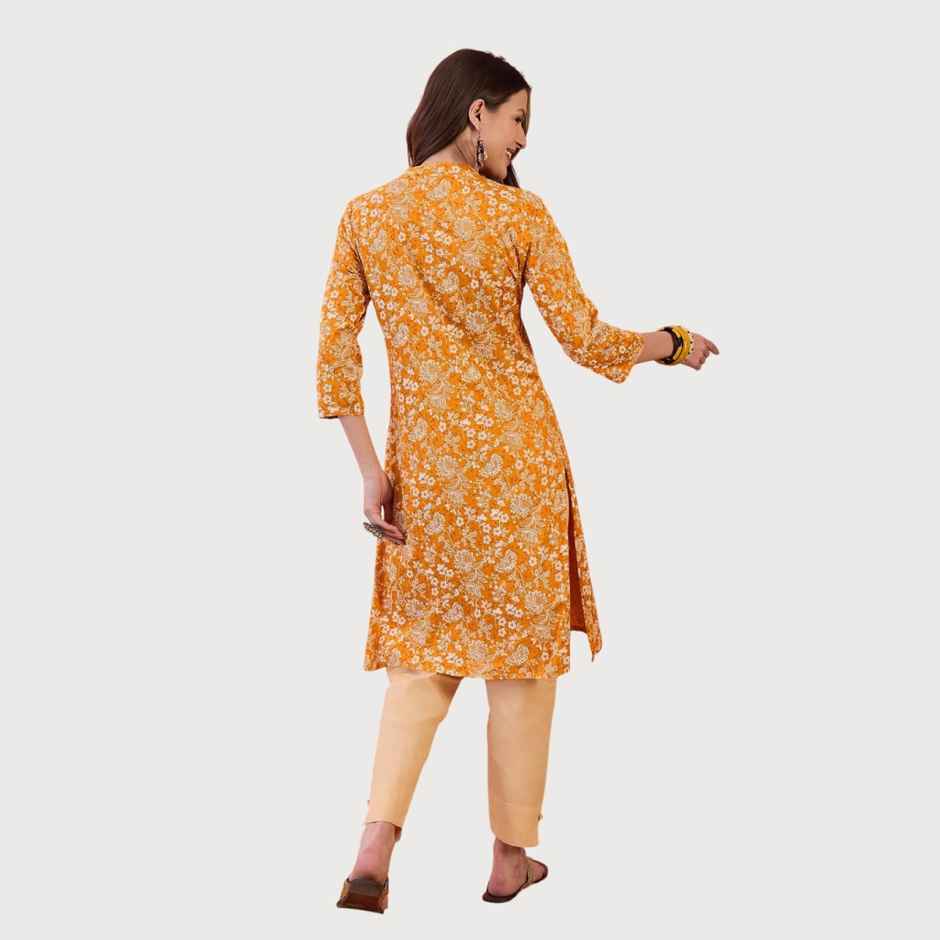 Rangdeep Women s Floral Printed Mandarin Collar Pure Cotton Straight Kurta | Mustard | XL
