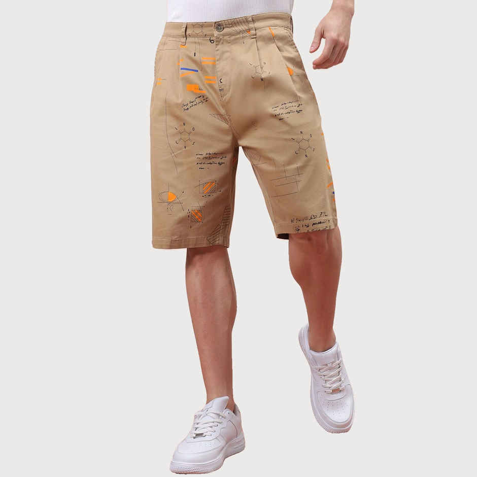 The Indian Garage Co Men s | Relaxed Fit Face Print Casual Pleated Shorts | Beige | 30