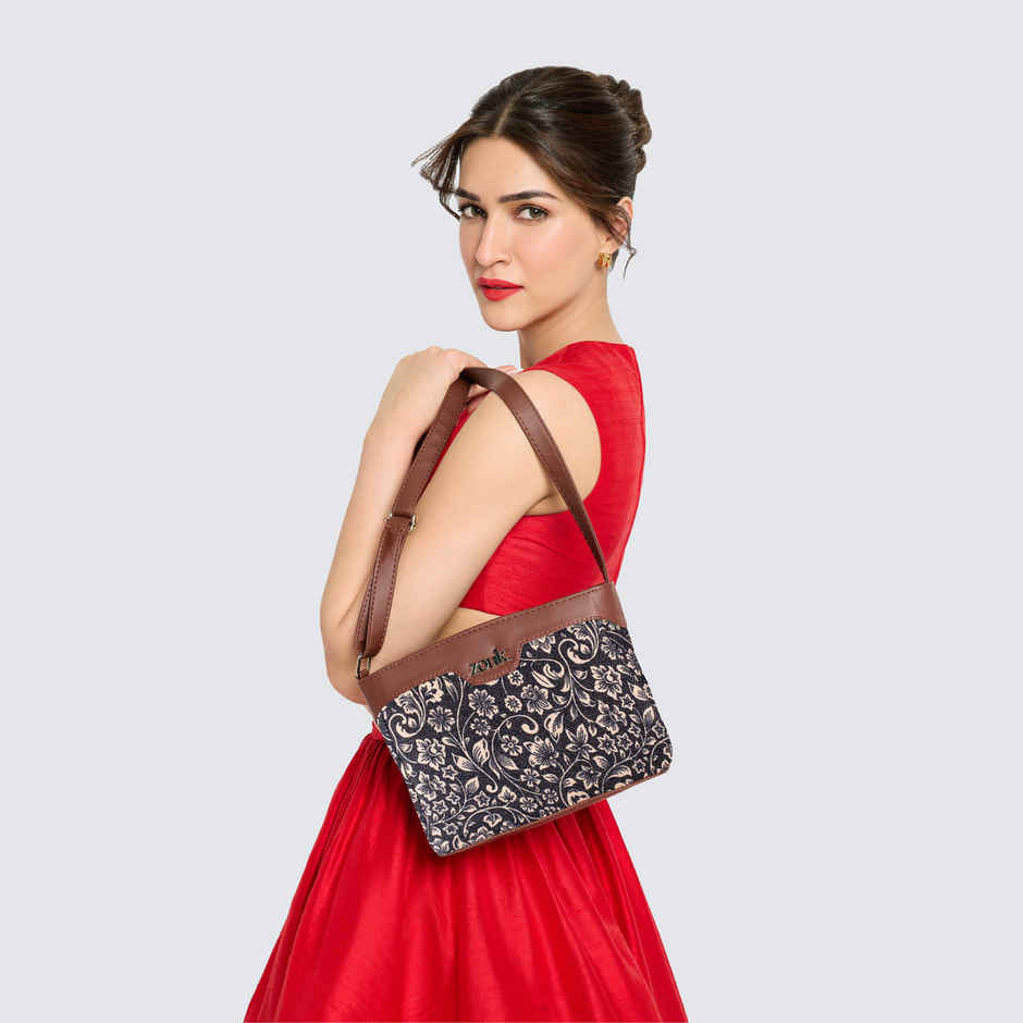 Zouk Women's Floral Vegan Leather and Handcrafted Fabric 3.69 L Sling Bag | Black - One Size