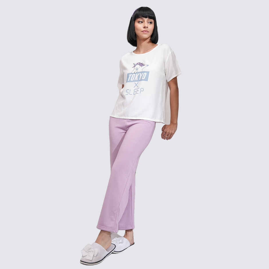 Tokyo Talkies Women's Graphic Printed Round Neck T-Shirt | White and Light Blue - M