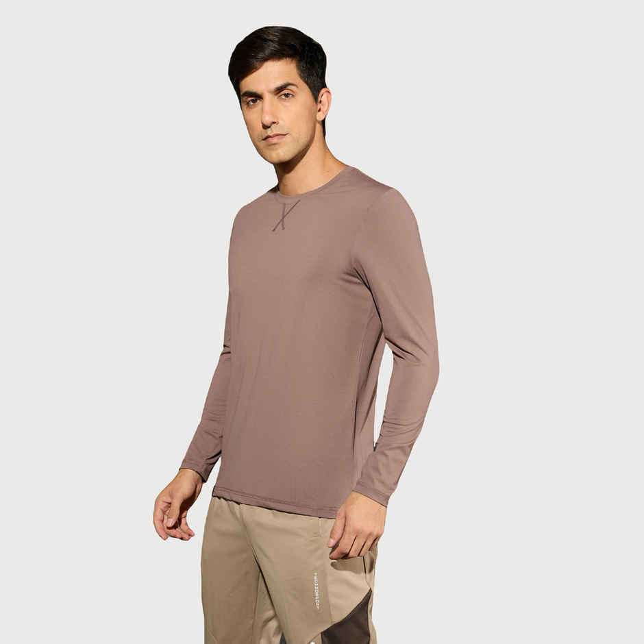 Technosport Men's Poly Solid Slim Fit Round Neck Full Sleeve Sports T-shirt | Deep Taupe - 2XL