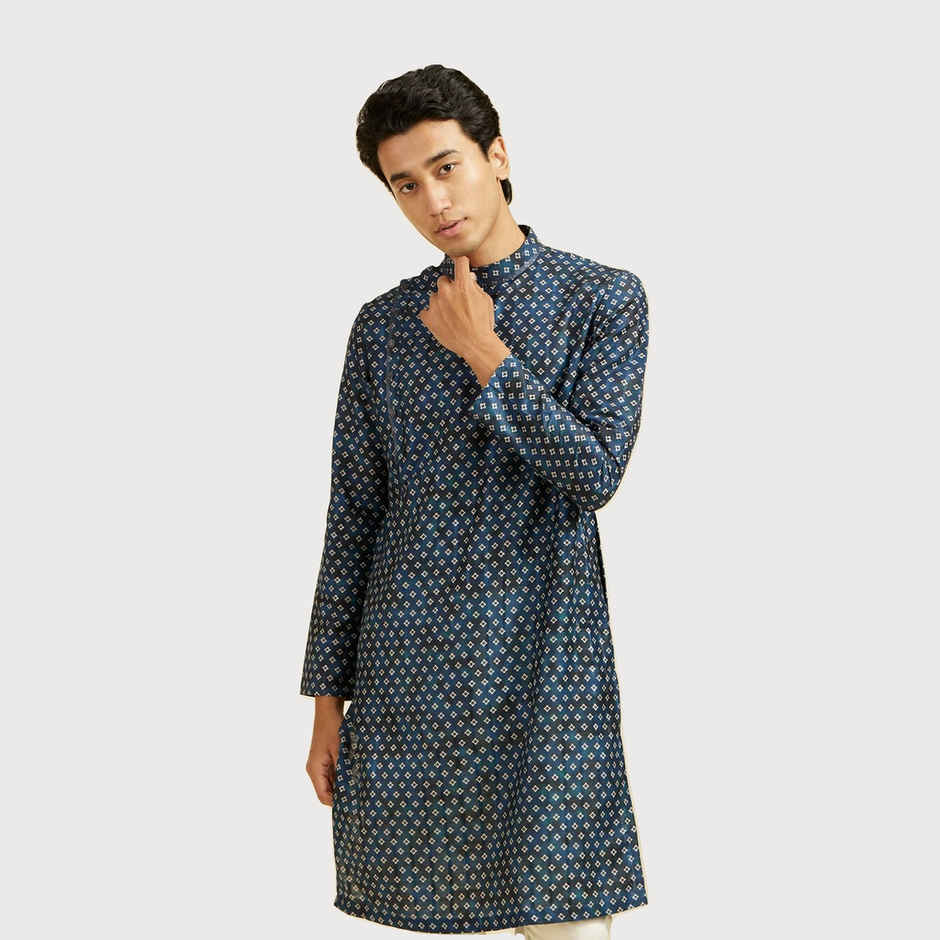 Diwas By Manyavar Blue Art Silk Printed Kurta Set | XXL