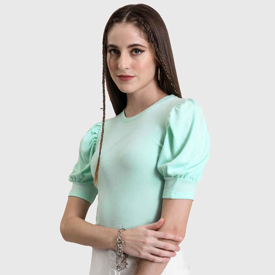 Tokyo Talkies Women's Puff Sleeve Knited Top | Green - M