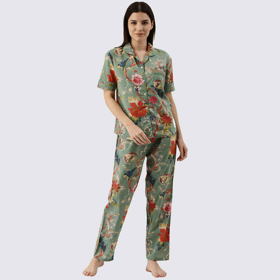 Sanskrutihomes Women's Pure Cotton Night suits | SE-NSP-016 | Green - M