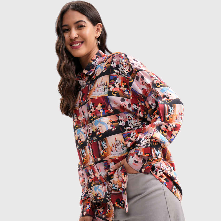 Tokyo Talkies Women's Mickey And Friends Aop Oversized Fit Shirt | Brown Multi - M