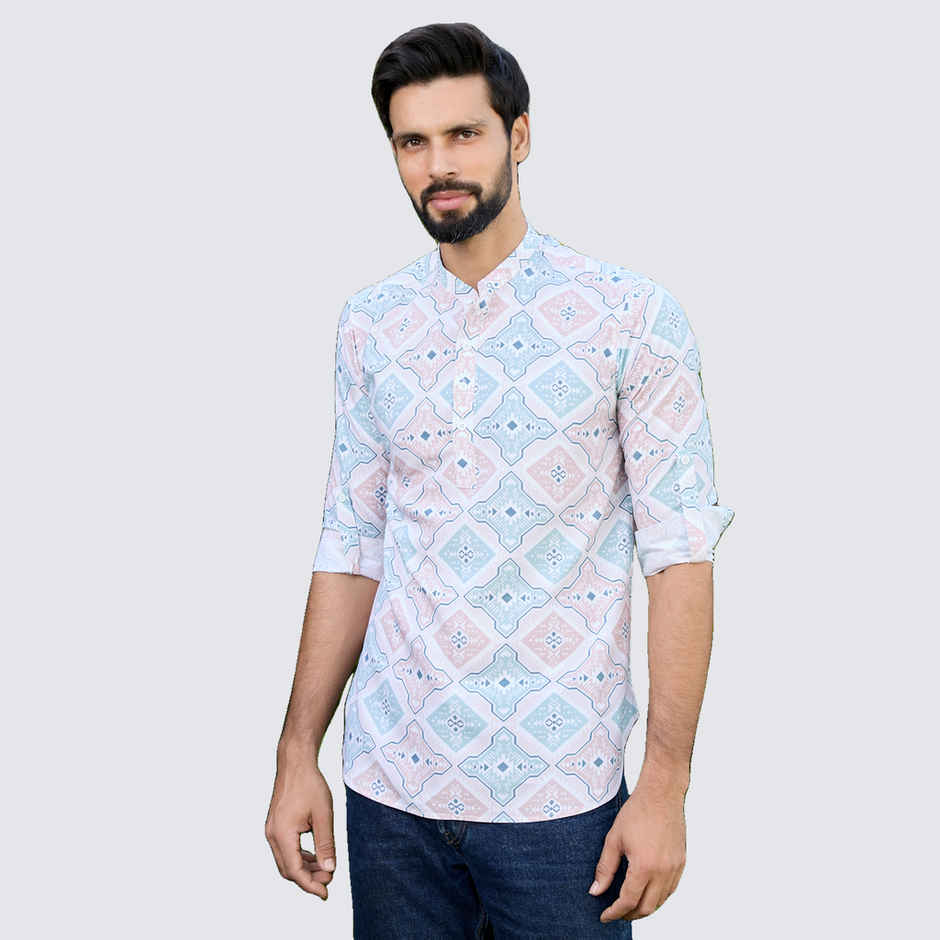 See Designs Men's Geometric Printed Rayon Short Kurta | Peach-Green - L