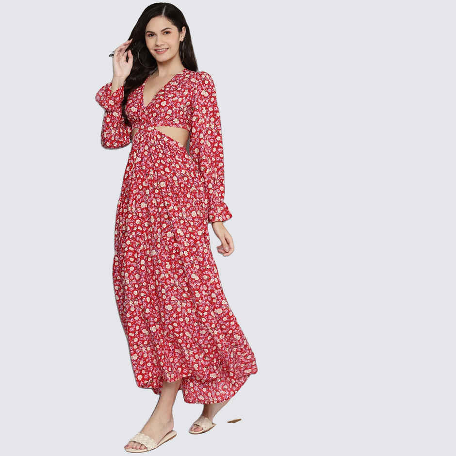 SASSAFRAS Women's Ditsy Floral Waist Cut-Out Maxi Dress | Red - M