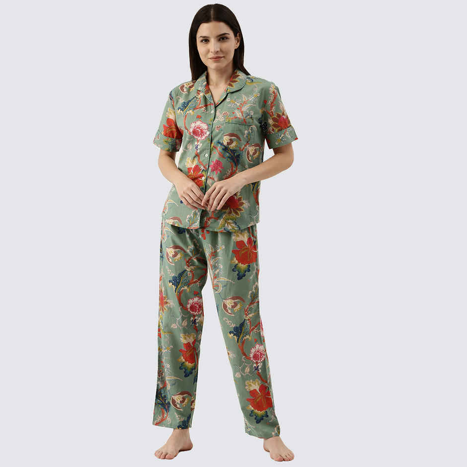 Sanskrutihomes Women's Pure Cotton Night suits | SE-NSP-016 | Green - M