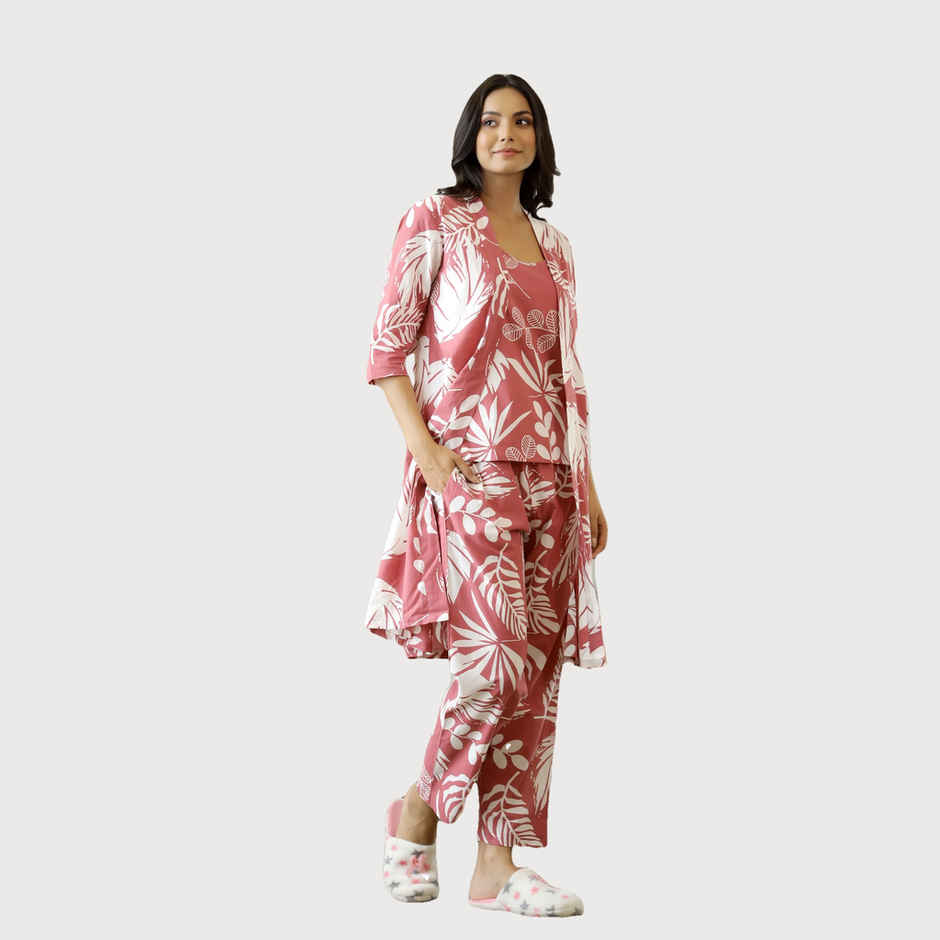 Sanskrutihomes Women's Printed Pure Cotton Night Suit | Pink - S