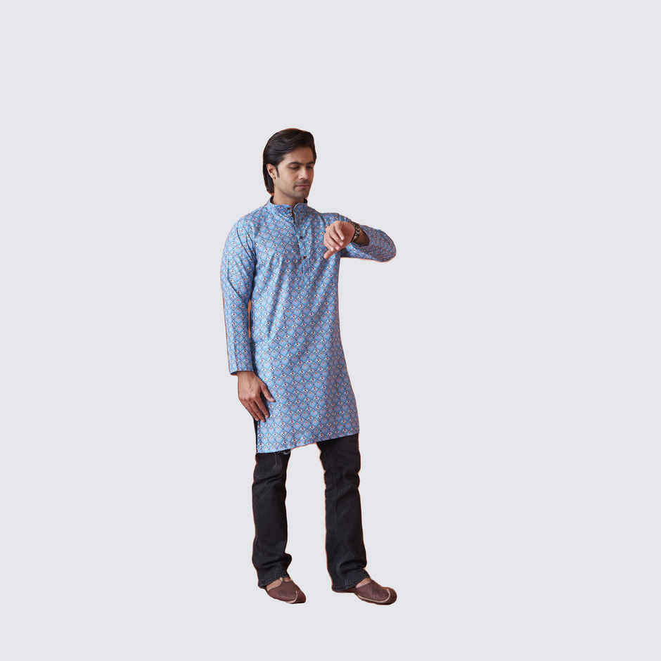 House Of Festivals Men's Printed Cotton Blend Long Kurta | Blue -S