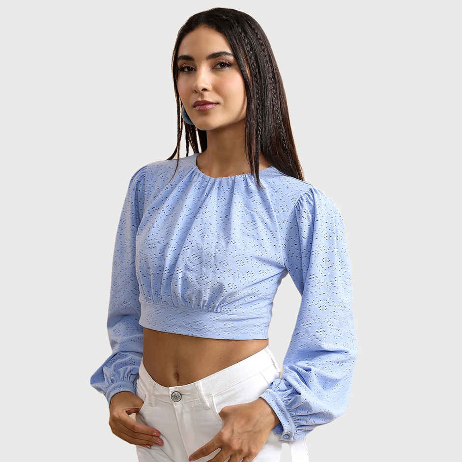 Ketch Women's Self Design Round Neck Crop Top | Blue - XL