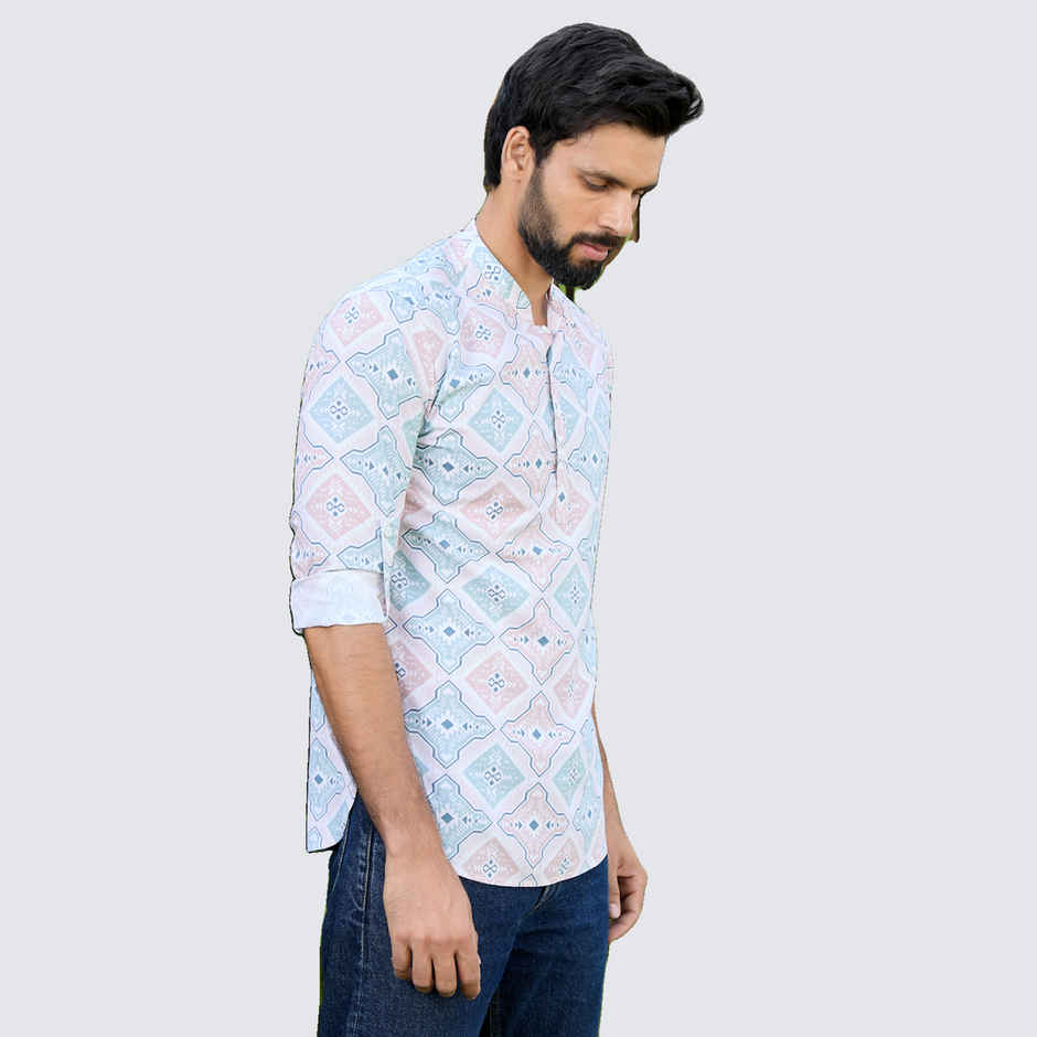 See Designs Men's Geometric Printed Rayon Short Kurta | Peach-Green - L