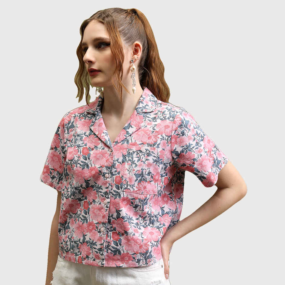 Tokyo Talkies Women's Printed Crop Shirt Top | Pink Beige Multicolour - M