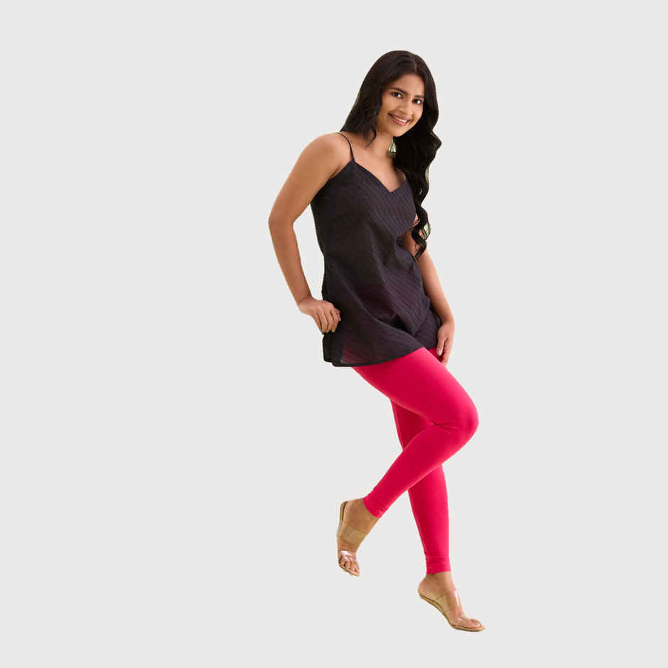 Go Colors Women's Solid Mid Rise Ankle Length Leggings | Young Fuchsia - M