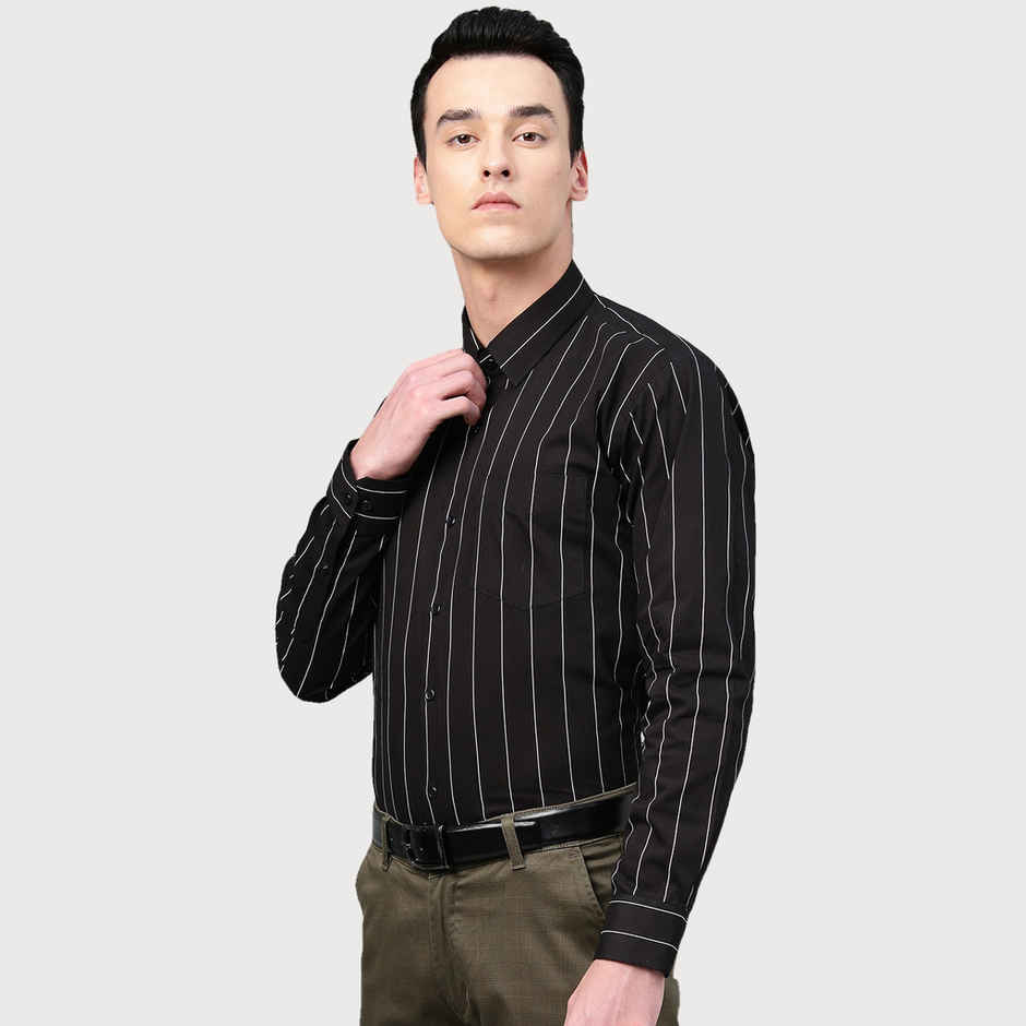 Hancock Men Black Striped Pure Cotton Slim Fit Formal Shirt-44