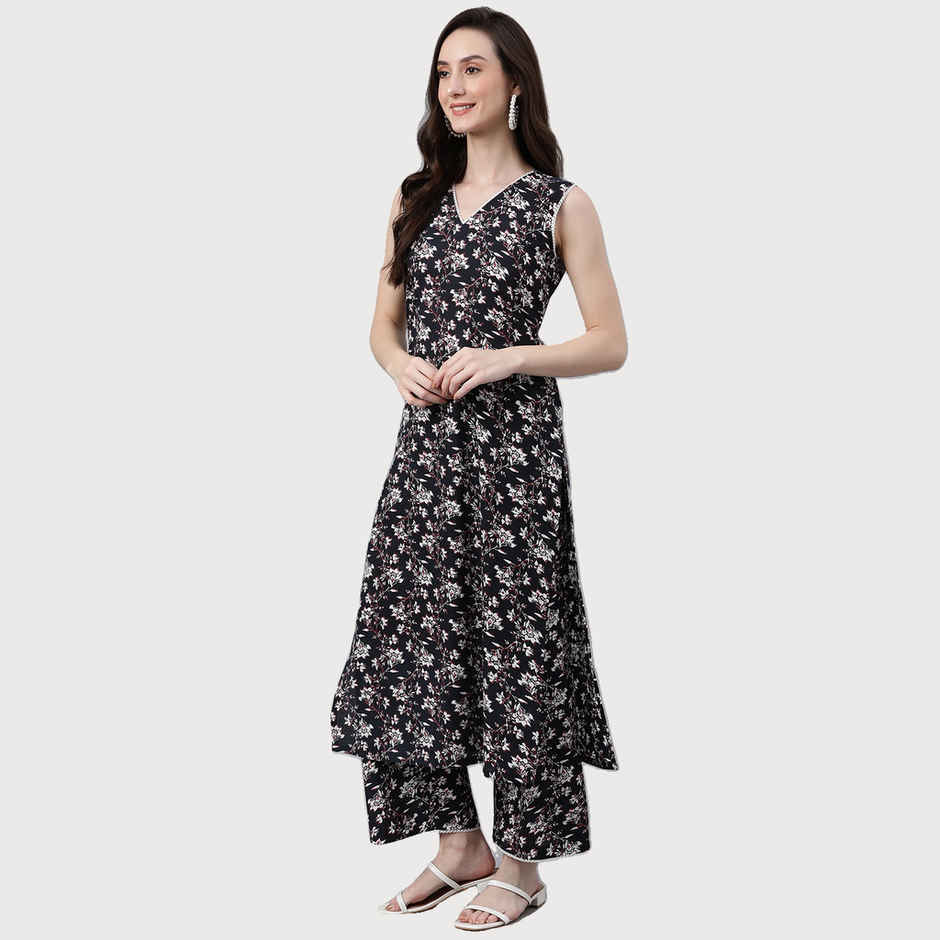 Janasya Women's Black Pure Cotton Floral Printed Kurta with Palazzo | XL