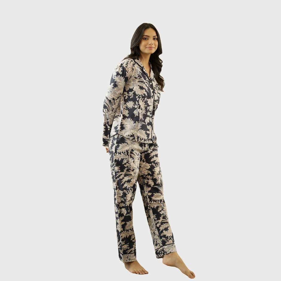 Sanskrutihomes Women's Printed Cotton Night Suit | Black - 3XL
