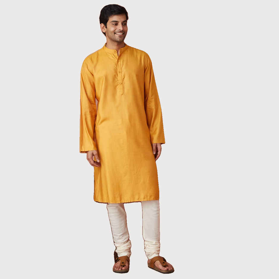 Fabindia Men's Long Kurta Comfort Fit | Yellow - L
