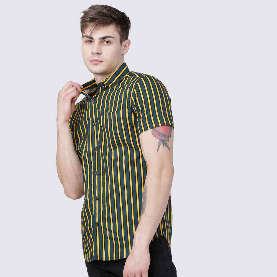 Highlander Men's Vertical Stripes Resort Wear Shirt | Mustard - L