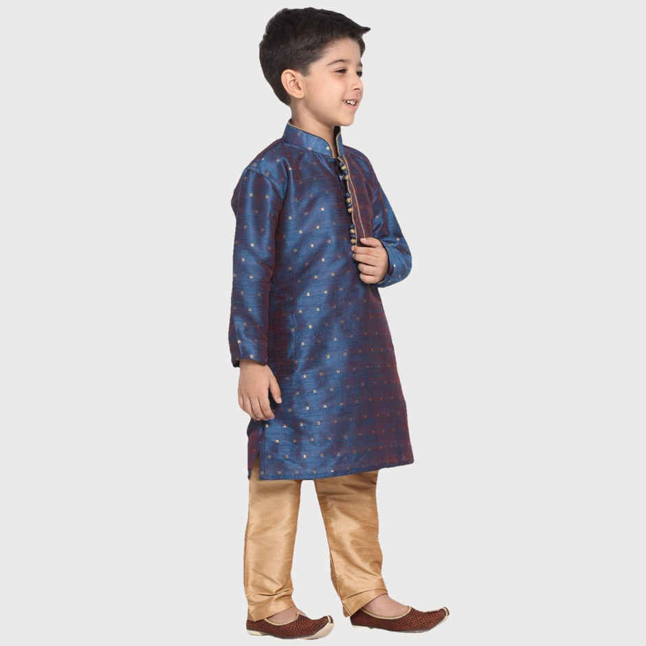 Vastramay Boy's Silk Blend Kurta Pyjama Set | Persian Blue & Rose Gold - 9 to 10 years