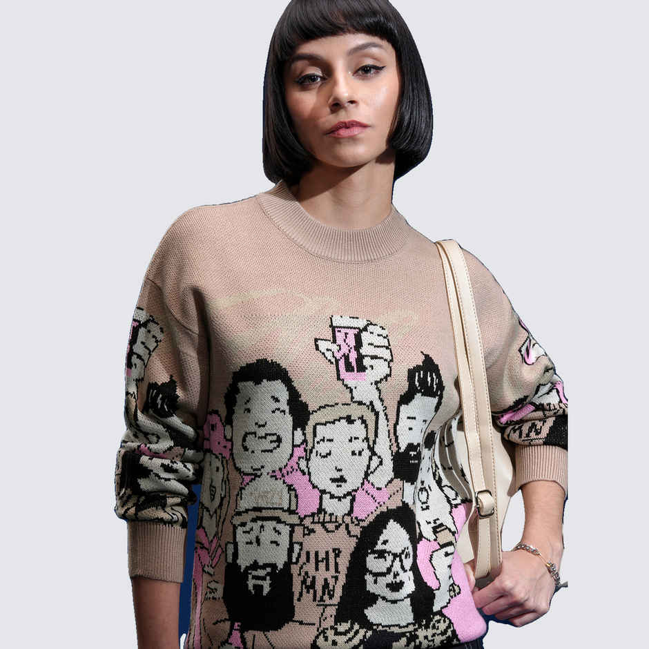 Tokyo Talkies Women's Round Neck Jacquard Printed Sweater | Warm Taupe - S