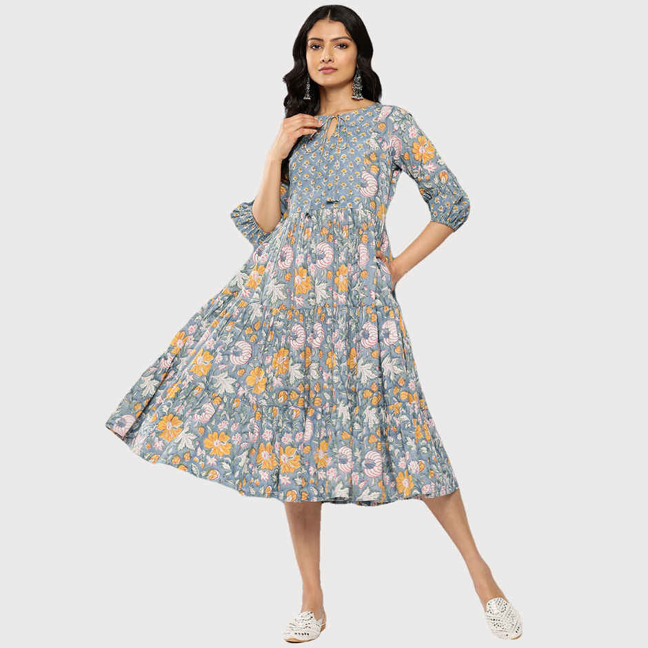 Libas Women Blue Cotton Floral Fit And Flare Midi Dress - 26335S