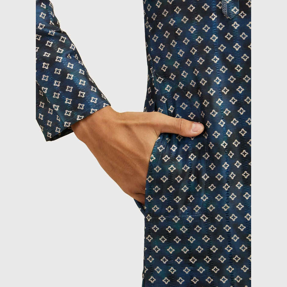 Diwas By Manyavar Blue Art Silk Printed Kurta Set | XXL