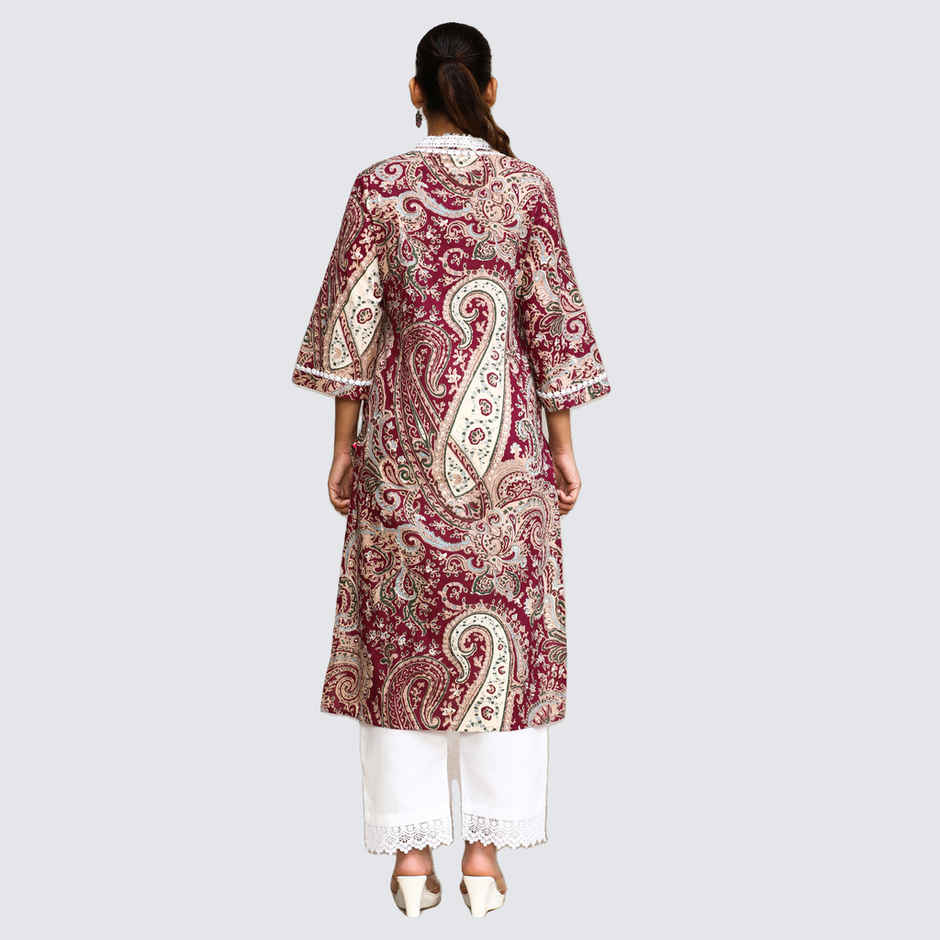 Varanga Women's Paisley Printed Three Quarter Sleeve Kurta | Maroon - 2XL
