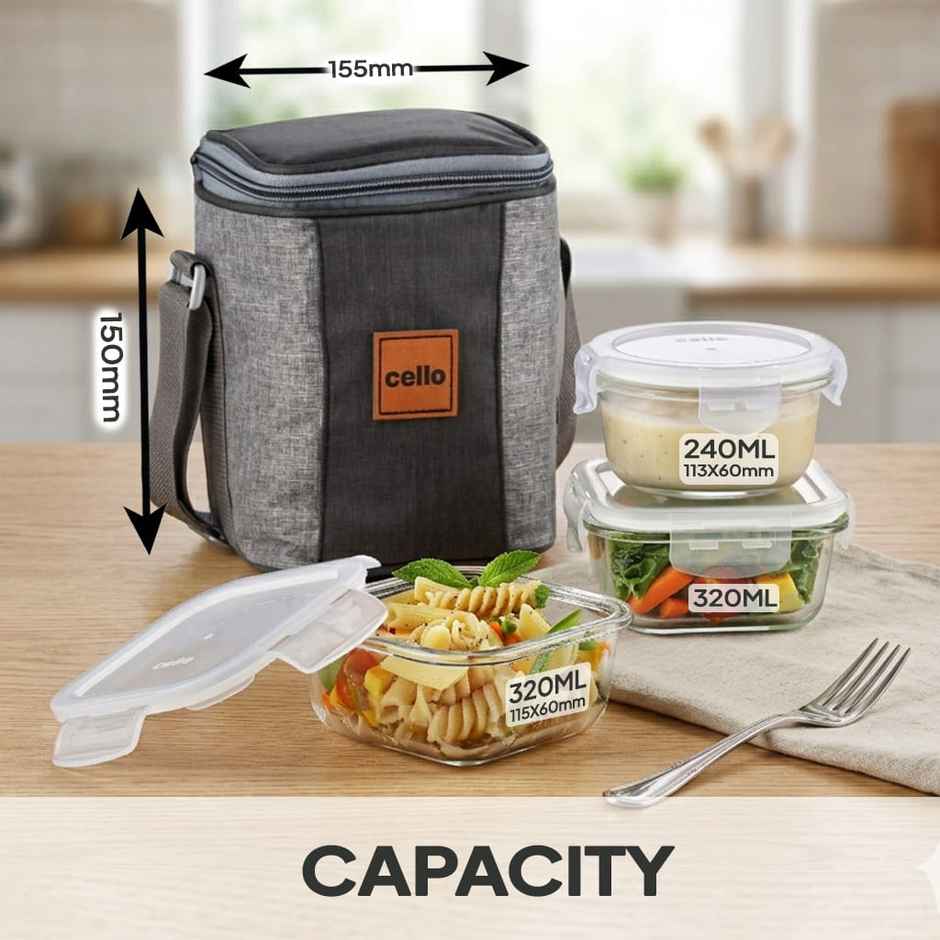 Cello Glassy Mix Lunch Box | Microwavable Borosilicate Glass | 2 x 320 ml and 240 ml | Clear