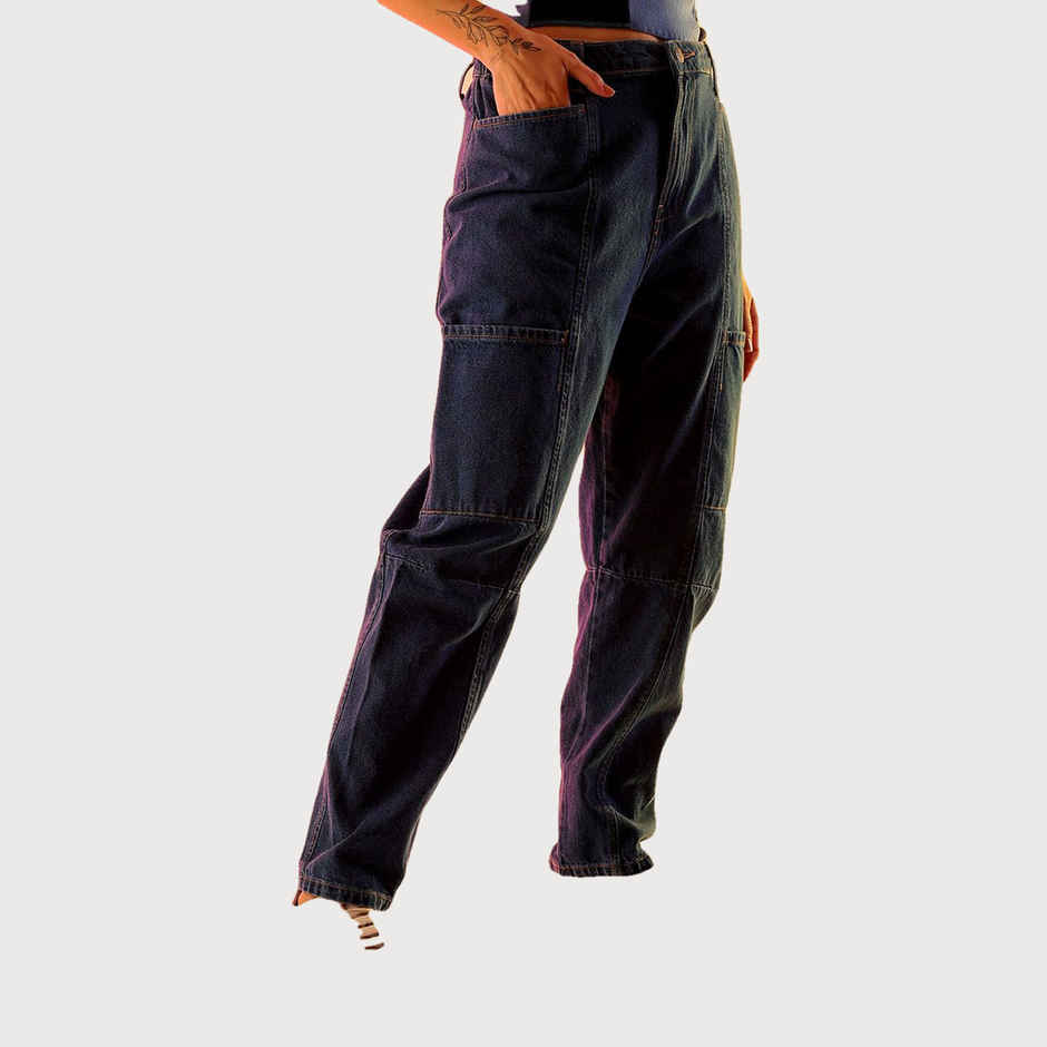 Freehand Women's High Rise Streetwear Multi Pocket Anti Fit Vintage Fit Jeans | Blue - 28