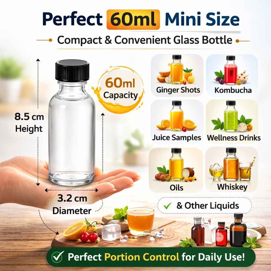 Lazer Glass Bottles | 60 ml | With Lids & Funnel | Leakproof Mini Bottles