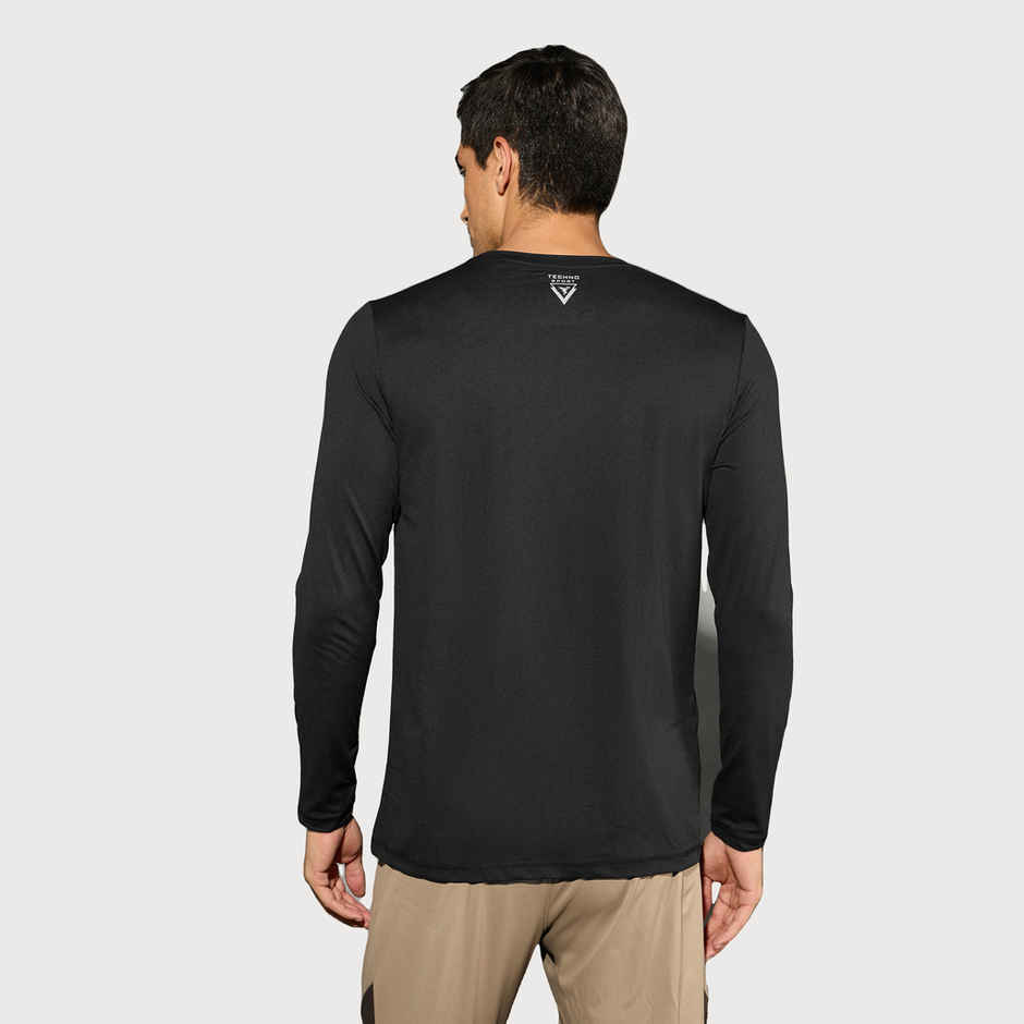 Technosport Men's Poly Solid Slim Fit Round Neck Full Sleeve Sports T-shirt | Black - M